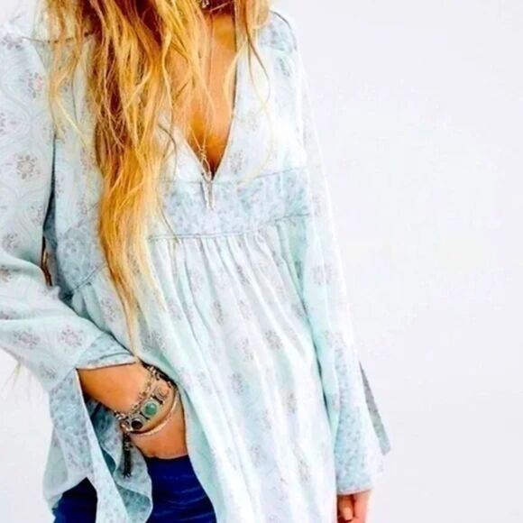 Free People Boho Babydoll Long Sleeve Top, Rolling Hills pattern, Size S - Picture 1 of 8